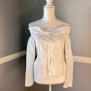 White Cotton Lace Off Shoulder Boho Peasant Blouse Tassel Tie Small Romantic